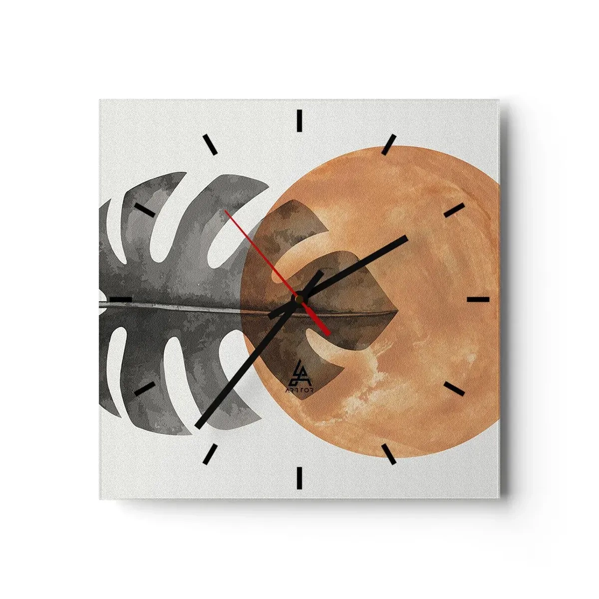Orologio da parete - Orologio in Vetro - Foglia di monstera e cerchio dorato su sfondo chiaro - 30x30cm - Sempre il sole - Decorazione murale moderna per soggiorno e camera da letto ARTTOR