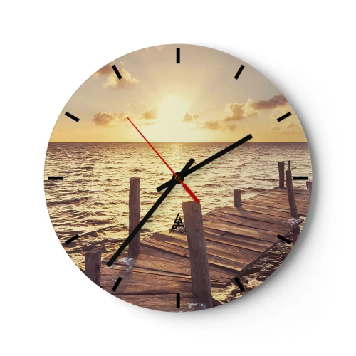 Orologio da parete - Orologio in Vetro - Molo di legno al tramonto - 30x30cm - Il paese dorato della mitezza - Decorazione murale moderna per soggiorno, cucina e camera da letto ARTTOR
