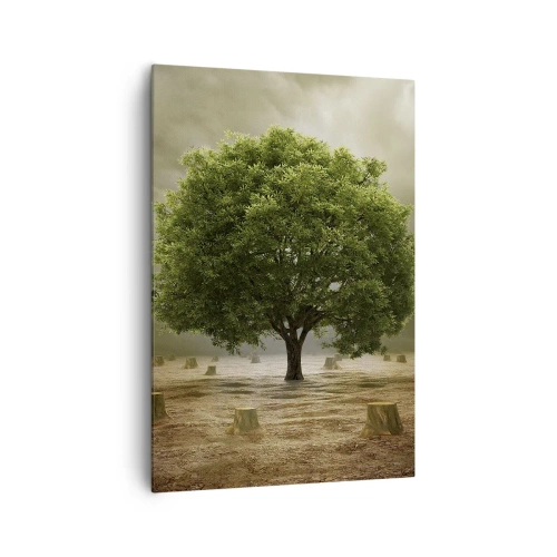 Quadro su tela - Stampe su Tela - Un albero verde circondato da tronchi d'albero abbattuti contro un cielo nuvoloso - 70x100cm - Ogni speranza - Decorazione murale moderna per soggiorno e camera da letto ARTTOR