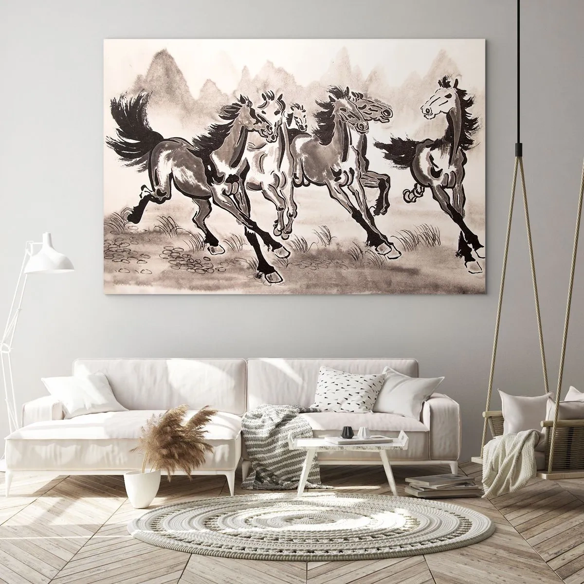 Quadro su vetro - Un gruppo di cavalli al galoppo in stile cinese - 70x50cm - Al galoppo con gioia - Decorazione murale moderna per soggiorno e camera da letto ARTTOR