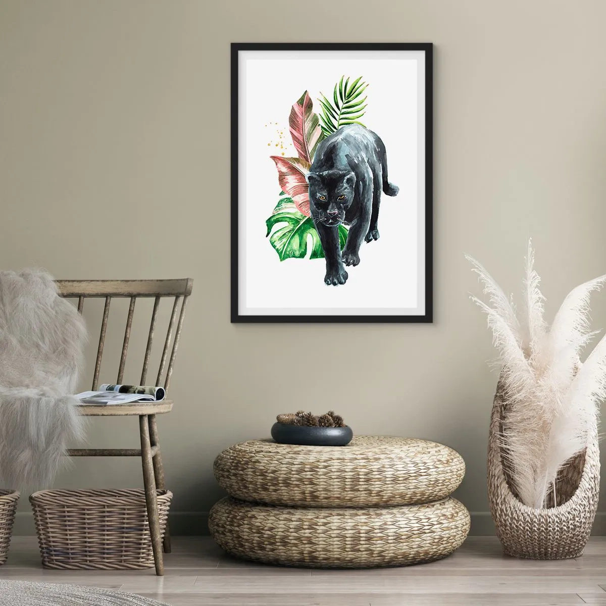 Poster in cornice nera - Pantera nera su uno sfondo di foglie tropicali - 50x70cm - Cuore selvaggio - Decorazione murale moderna per soggiorno e camera da letto ARTTOR