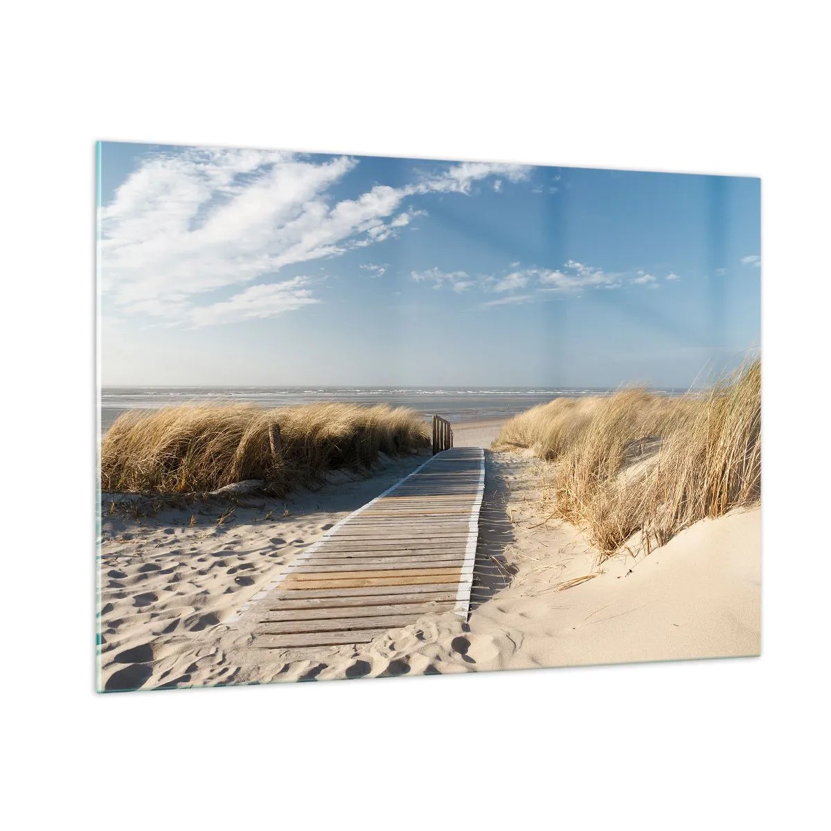 Quadro su vetro - Sentiero in legno attraverso le dune che conduce alla spiaggia - 100x70cm - Dopo la duna, nel fruscio dell'erba - Decorazione murale moderna per soggiorno e camera da letto ARTTOR