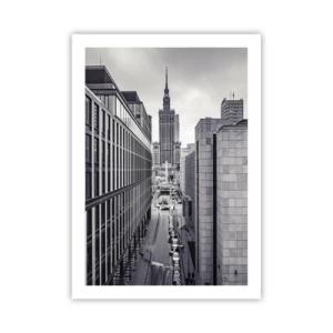 Poster - Vista del Palazzo della Cultura e della Scienza di Varsavia in tonalità di grigio - 50x70cm - La valle di Varsavia - Decorazione murale moderna per soggiorno e camera da letto ARTTOR