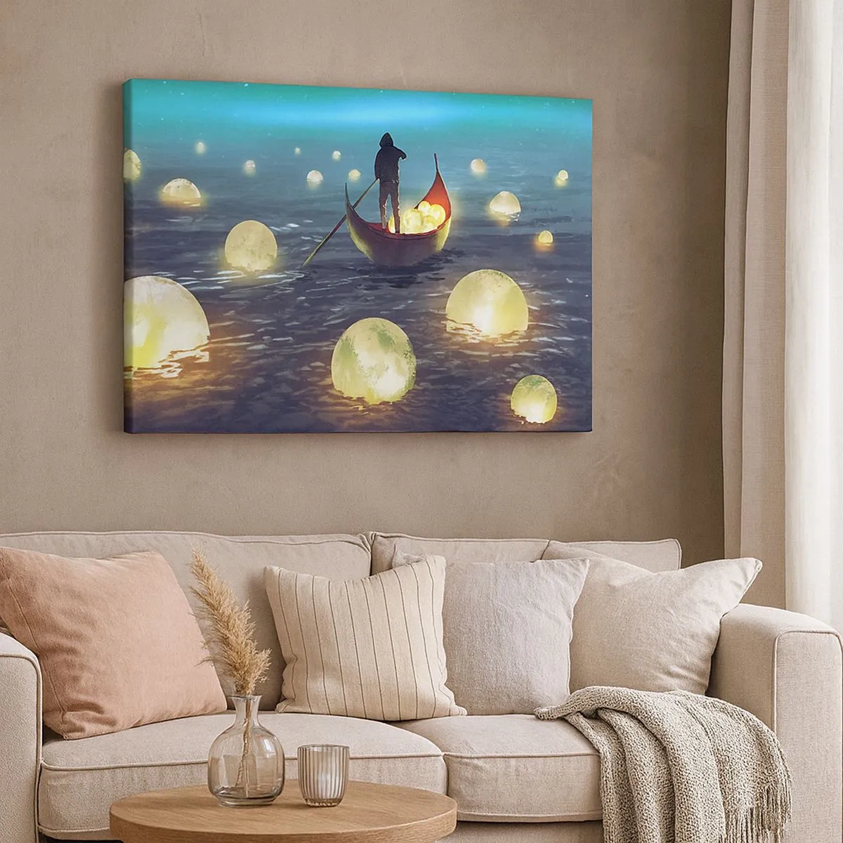Quadro su tela - Stampe su Tela - Una figura in una barca circondata da sfere luminose sull'acqua - 70x50cm - Cose che neanche i filosofi hanno sognato - Decorazione murale moderna per soggiorno e camera da letto ARTTOR