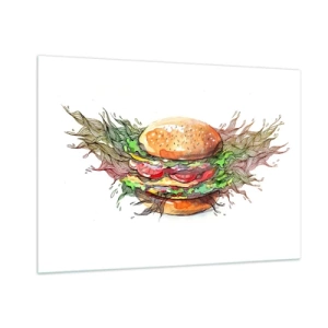 Quadro su vetro - Disegno artistico di un hamburger con dettagli acquerellati - 100x70cm - Una tentazione calda - Decorazione murale moderna per soggiorno e camera da letto ARTTOR