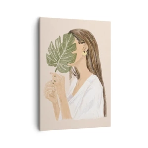 Quadro su tela - Stampe su Tela - Ritratto di una donna con una foglia di monstera su uno sfondo beige - 50x70cm - Misterioso ritratto con ventaglio - Decorazione murale moderna per soggiorno e camera da letto ARTTOR