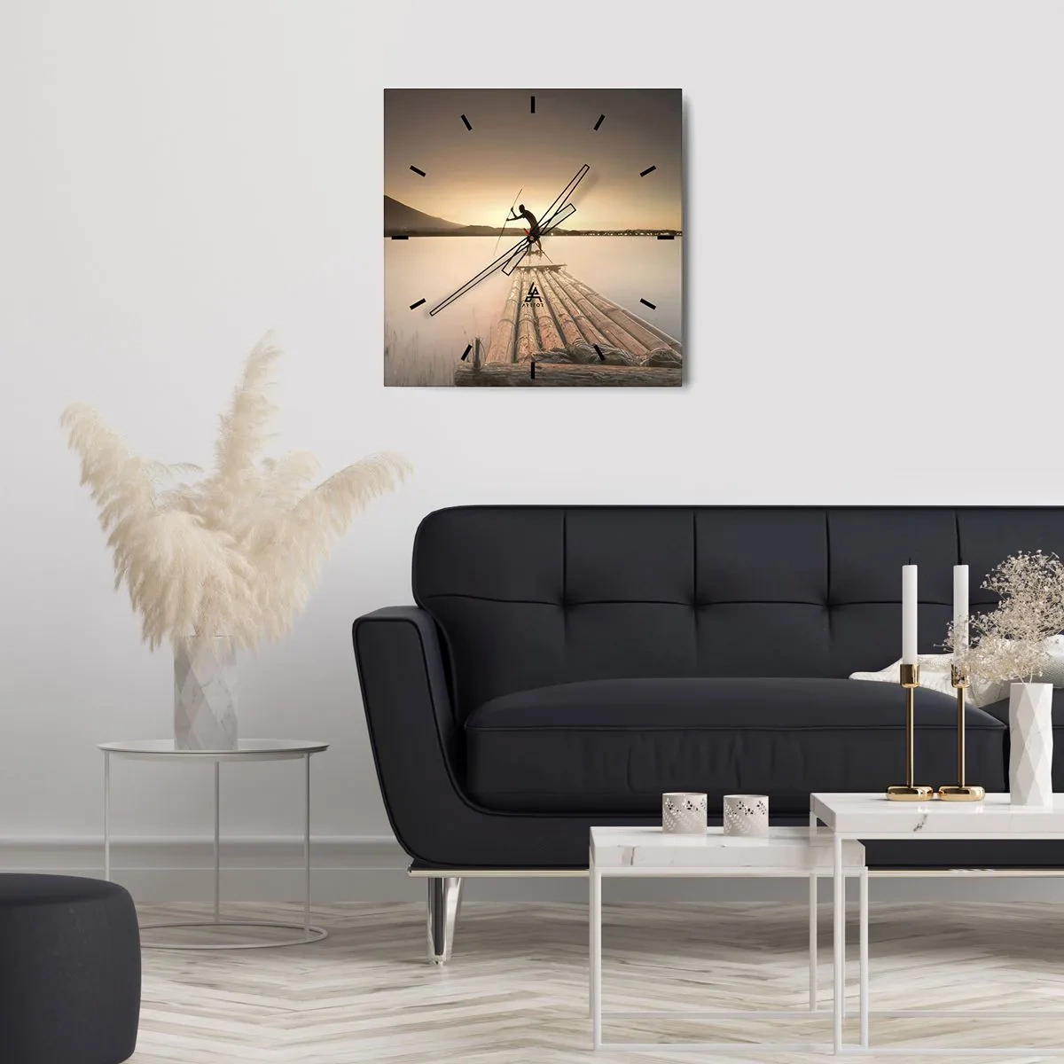 Orologio da parete - Orologio in Vetro - Uomo su una zattera al tramonto - 30x30cm - Prima del riposo - Decorazione murale moderna per soggiorno e camera da letto ARTTOR