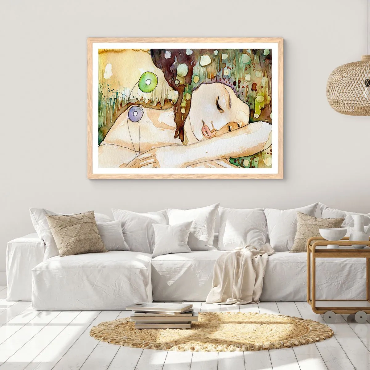 Poster in cornice rovere chiaro - Sogno smeraldo e viola - 100x70 cm