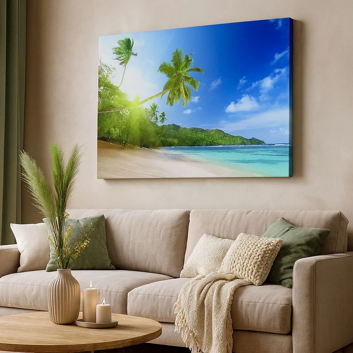 Quadro su tela - Stampe su Tela - Spiaggia tropicale con palme e mare turchese - 70x50cm - Il lieve tocco dei tropici - Decorazione murale moderna per soggiorno e camera da letto ARTTOR