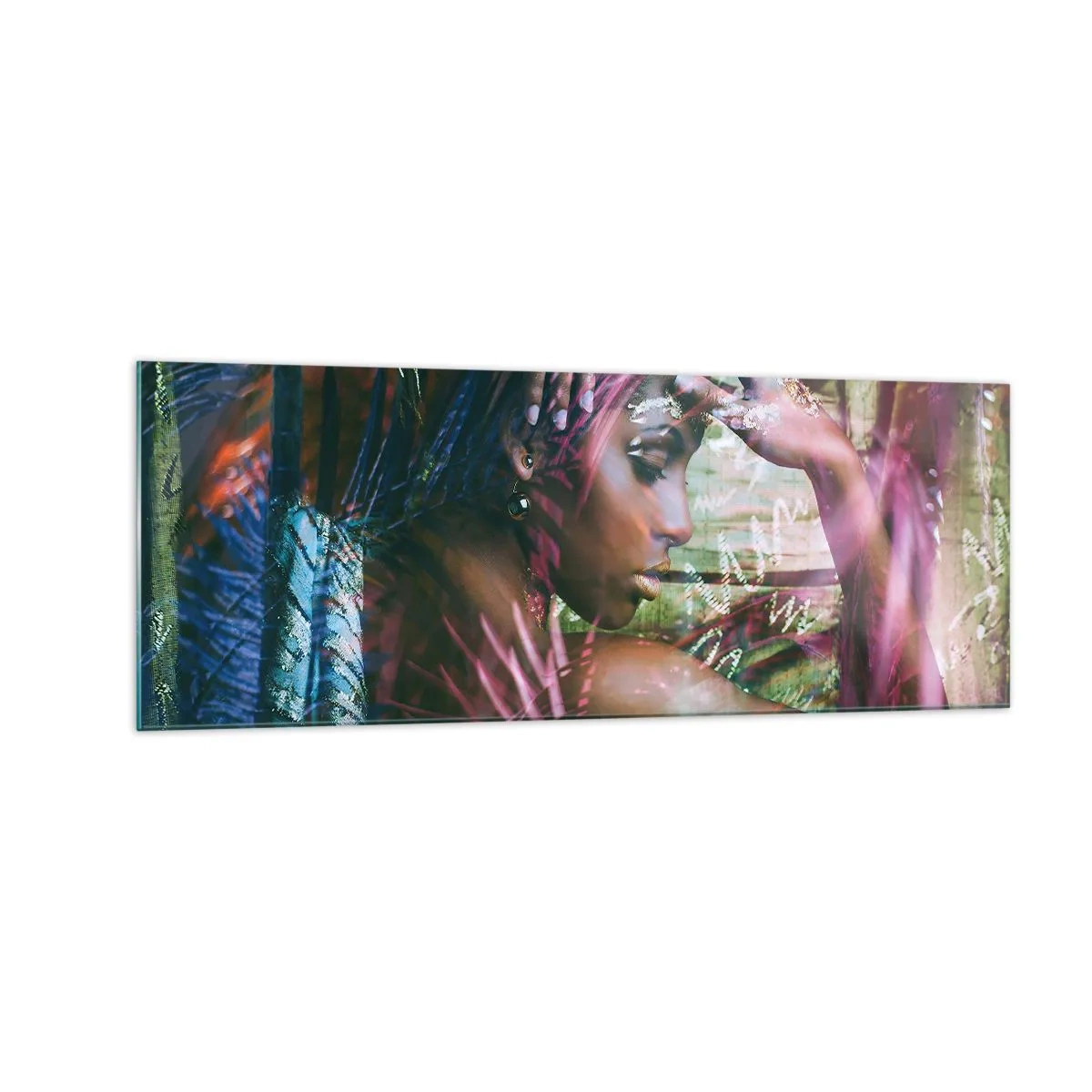 Quadro su vetro - Ritratto di una donna circondata da vegetazione esotica - 140x50cm - Madre Natura nella giungla - Decorazione murale moderna per soggiorno e camera da letto ARTTOR