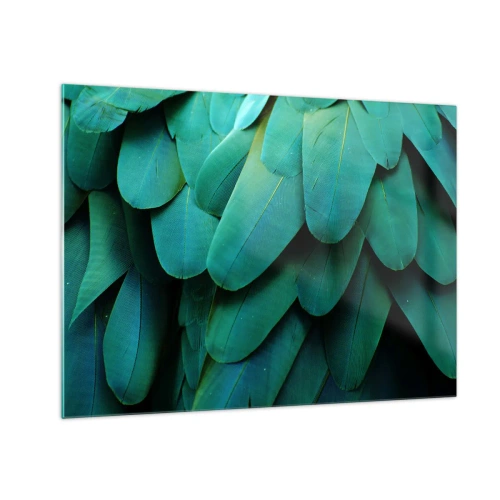 Quadro su vetro - Primo piano delle piume di un pappagallo di un verde intenso. - 70x50cm - Precisione da pappagallo - Decorazione murale moderna per soggiorno e camera da letto ARTTOR