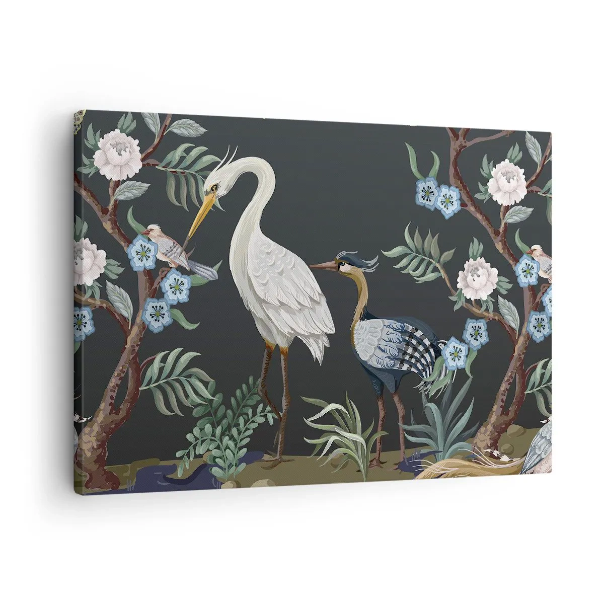 Quadro su tela - Stampe su Tela - Uccelli e piante dipinti su uno sfondo scuro con un motivo elegante - 70x50cm - La parata degli uccelli - Decorazione murale moderna per soggiorno e camera da letto ARTTOR