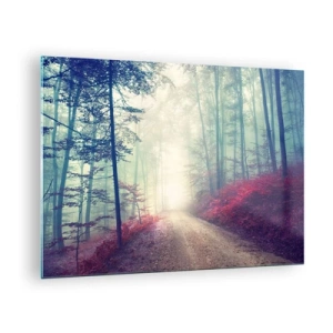 Quadro su vetro - Strada forestale nella nebbia con accenti rossi - 70x50cm - Come è bello alzarsi all'alba - Decorazione murale moderna per soggiorno e camera da letto ARTTOR