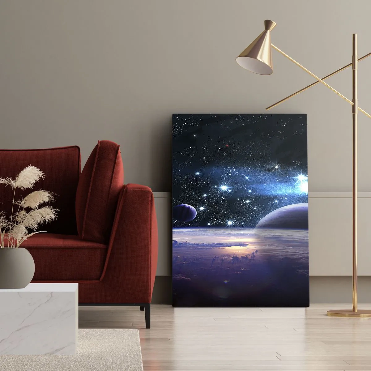 Quadro su tela - Stampe su Tela - Una vista dello spazio con pianeti e stelle - 50x70cm - Sempre da soli? - Decorazione murale moderna per soggiorno e camera da letto ARTTOR