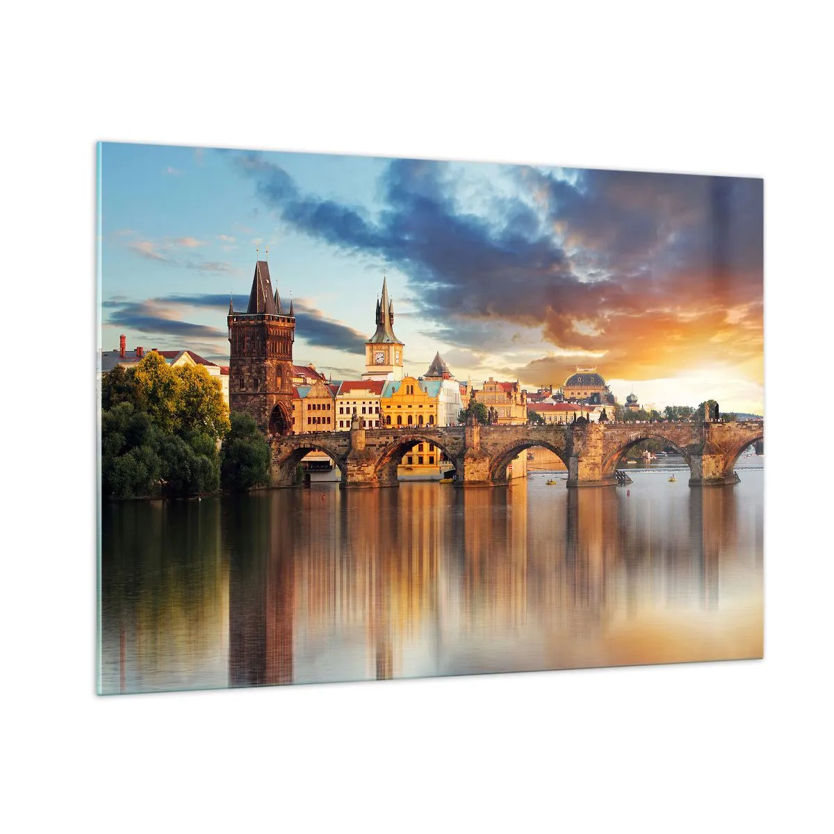 Quadro su vetro - Ponte Carlo al tramonto con pittoreschi edifici sullo sfondo - 100x70cm - Bella da secoli - Decorazione murale moderna per soggiorno e camera da letto ARTTOR