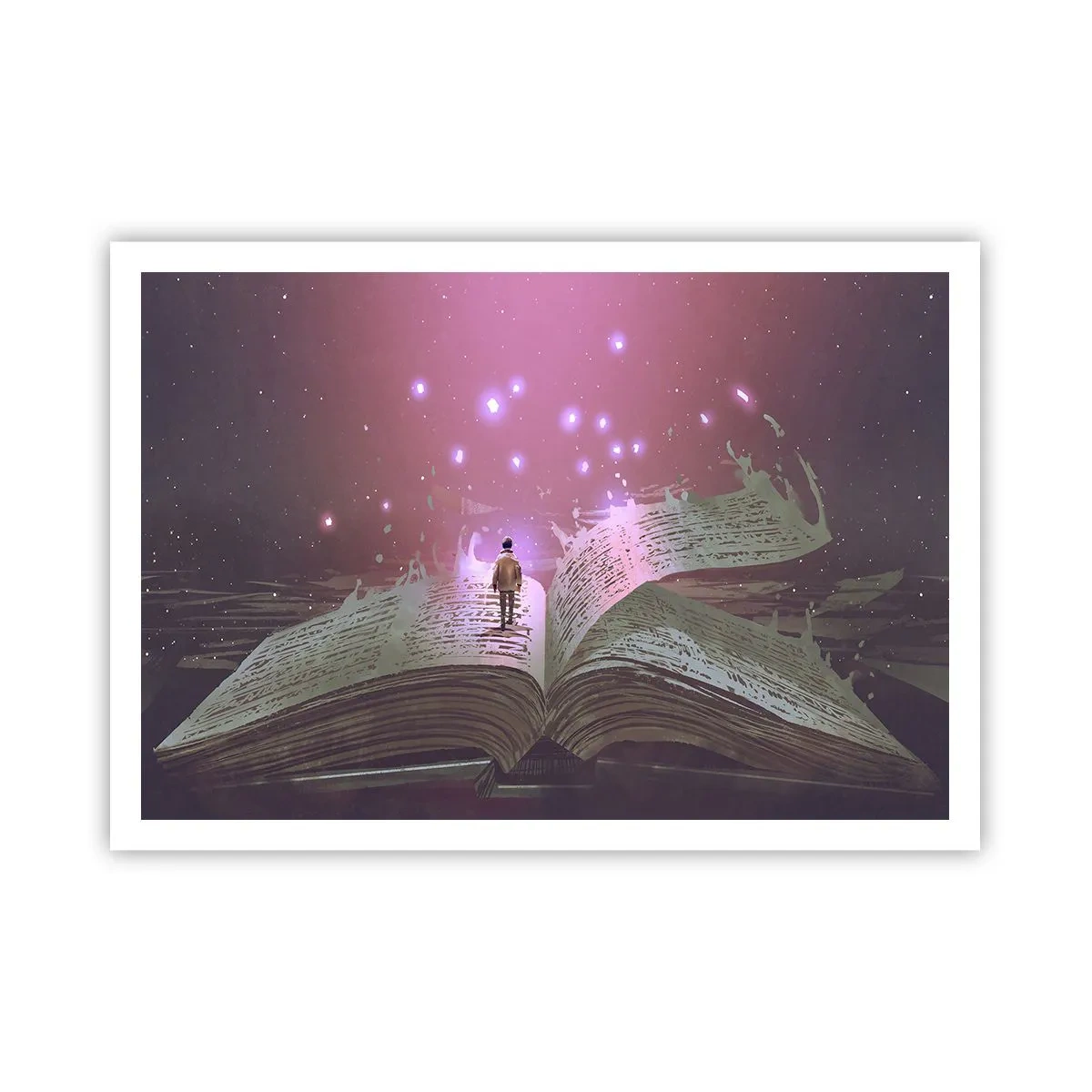 Poster - Una figura cammina su un libro aperto in una luce magica. - 100x70cm - Invito ad un altro mondo: leggi! - Decorazione murale moderna per soggiorno e camera da letto ARTTOR