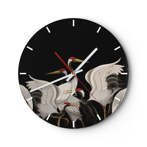 Orologio da parete - Orologio in Vetro - Un gruppo di gru su uno sfondo nero in un'illustrazione stilizzata - 30x30cm - Cose da uccelli - Decorazione murale moderna per soggiorno, cucina e camera da letto ARTTOR