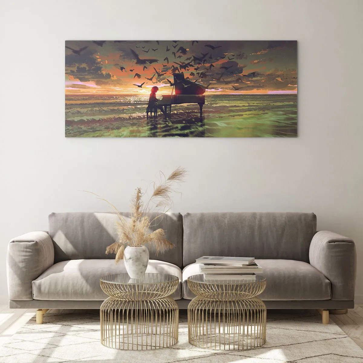 Quadro su vetro - Un pianoforte in riva al mare al tramonto con gli uccelli - 140x50cm - Concerto per pianoforte e onde - Decorazione murale moderna per soggiorno e camera da letto ARTTOR