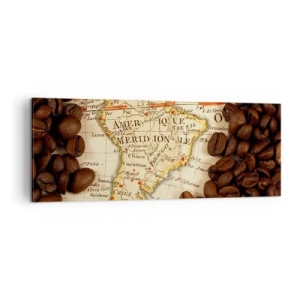 Quadro su tela - Stampe su Tela - Una mappa del Sud America circondata da chicchi di caffè. - 140x50cm - Da dove viene il miglior caffè? - Decorazione murale moderna per soggiorno e camera da letto ARTTOR