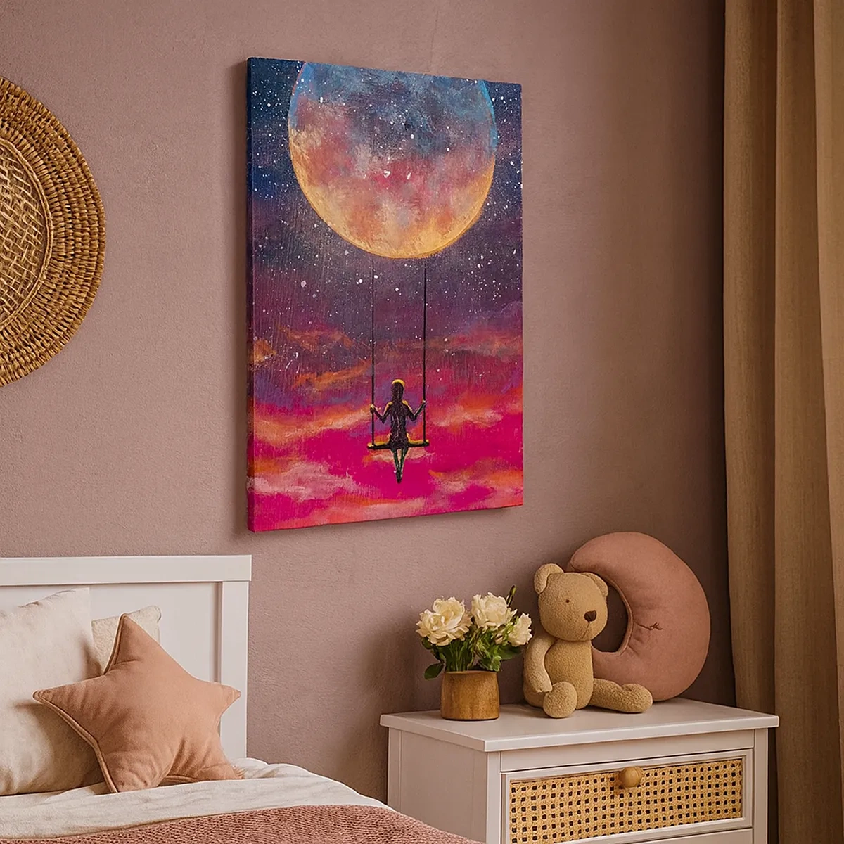 Quadro su tela - Stampe su Tela - Una figura su un'altalena sospesa contro la luna - 50x70cm - Con la testa tra le nuvole - Decorazione murale moderna per soggiorno e camera da letto ARTTOR