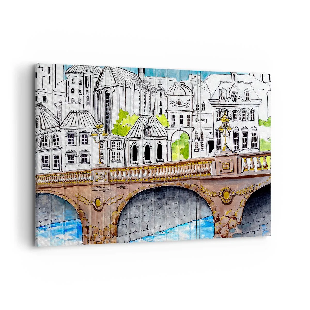 Quadro su tela - Stampe su Tela - Disegno del ponte e dell'architettura urbana storica - 100x70cm - Una città come dipinta - Decorazione murale moderna per soggiorno e camera da letto ARTTOR