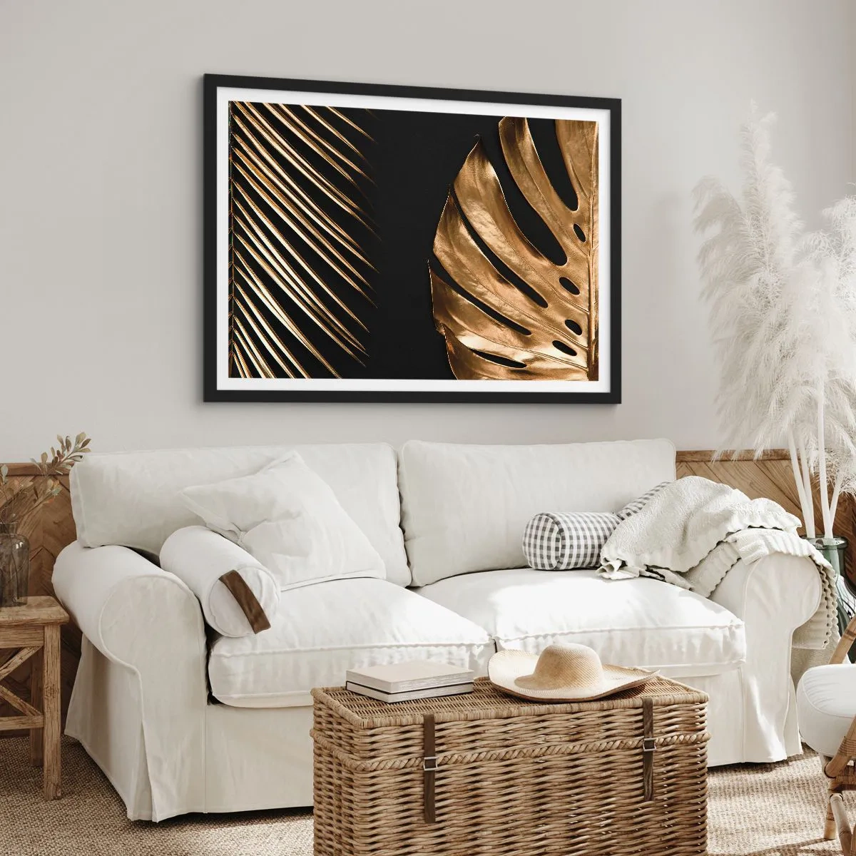 Poster in cornice nera - Foglie dorate su sfondo nero - 100x70cm - Diverse, ma ugualmente care - Decorazione murale moderna per soggiorno e camera da letto ARTTOR