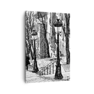 Quadro su tela - Stampe su Tela - Una strada con lampioni e una sagoma umana in tecnica di schizzo - 70x100cm - Storia d'amore o racconto di paura? - Decorazione murale moderna per soggiorno e camera da letto ARTTOR