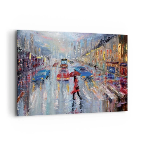 Quadro su tela - Stampe su Tela - Una donna con un ombrello in una strada piovosa, illuminata dalle luci al neon. - 100x70cm - Pomeriggio di pioggia in città - Decorazione murale moderna per soggiorno e camera da letto ARTTOR