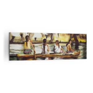 Quadro su tela - Stampe su Tela - Donne in barca su un fiume calmo con uno sfondo pittoresco - 160x50cm - Nel paradiso della Polinesia - Decorazione murale moderna per soggiorno e camera da letto ARTTOR