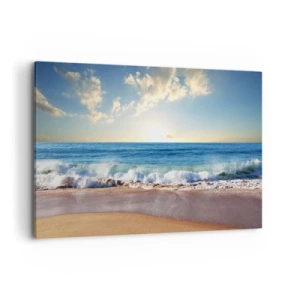Quadro su tela - Stampe su Tela - Una spiaggia soleggiata con onde che si infrangono sulla riva - 100x70cm - Insieme movimento e immobilità - Decorazione murale moderna per soggiorno e camera da letto ARTTOR