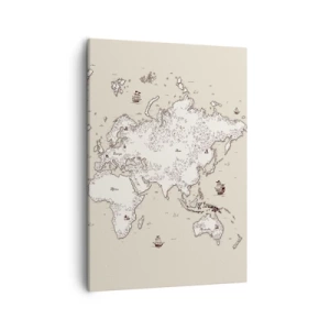 Quadro su tela - Stampe su Tela - Una mappa stilizzata del mondo nei toni del beige e del marrone. - 50x70cm - Il viaggio attorno al mondo - Decorazione murale moderna per soggiorno e camera da letto ARTTOR