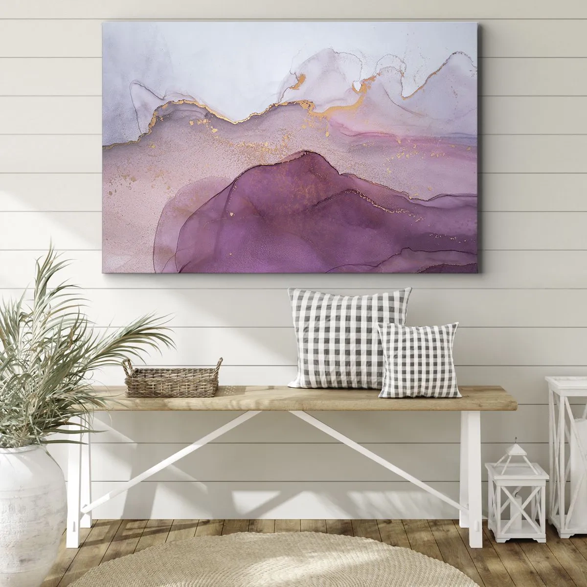 Quadro su tela - Stampe su Tela - Una composizione astratta nei toni del viola e dell'oro. - 70x50cm - Onde di lilla e viola - Decorazione murale moderna per soggiorno e camera da letto ARTTOR