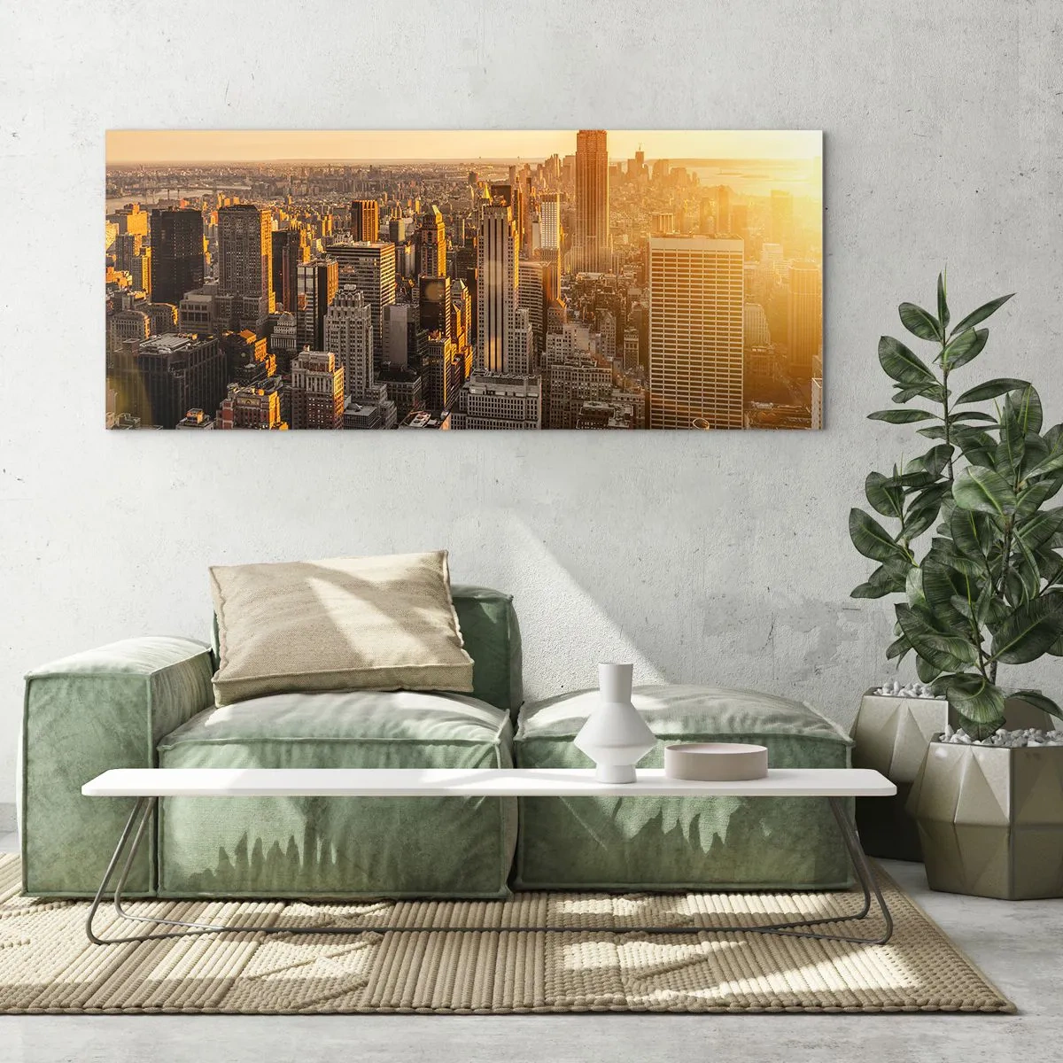 Quadro su vetro - Skyline di New York City al tramonto con vista sull'Empire State Building - 140x50cm - Crescere al sole - Decorazione murale moderna per soggiorno e camera da letto ARTTOR