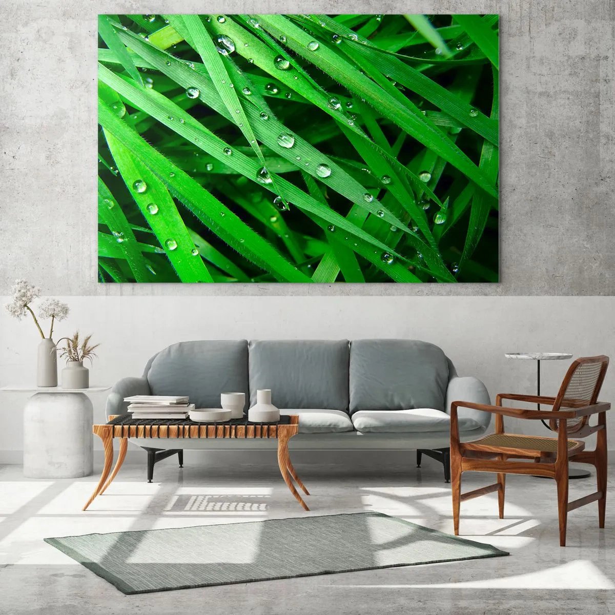 Quadro su vetro - Fili d'erba verdi con gocce di rugiada - 120x80cm - Giocando con il verde - Decorazione murale moderna per soggiorno e camera da letto ARTTOR