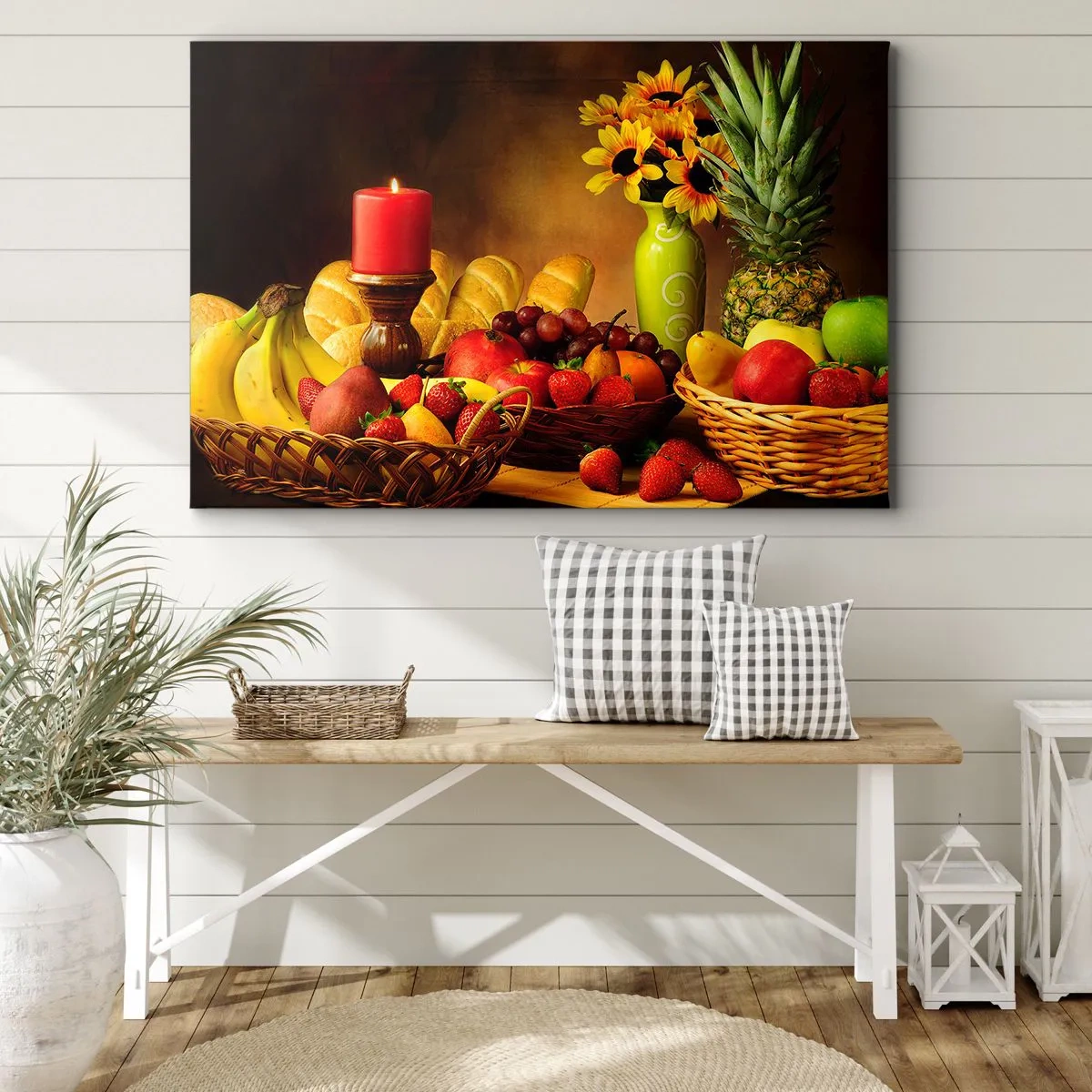 Quadro su tela - Stampe su Tela - Natura morta con frutta, pane, candela e fiori - 120x80cm - Natura morta con pane e frutta - Decorazione murale moderna per soggiorno e camera da letto ARTTOR
