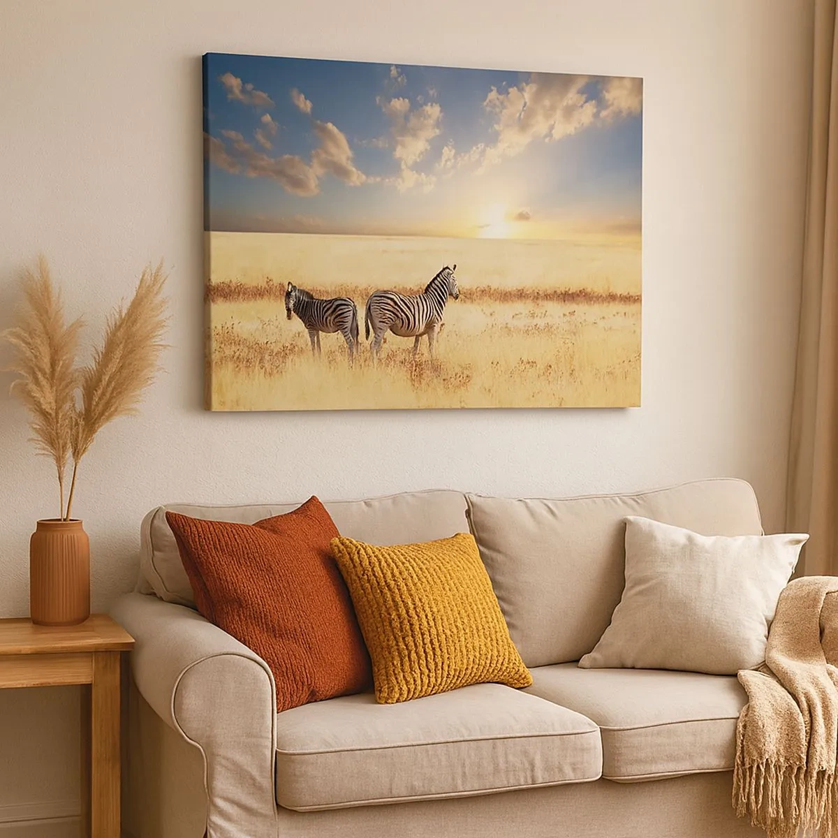 Quadro su tela - Stampe su Tela - Due zebre nella savana sotto i raggi del sole al tramonto - 70x50cm - Allontanati, non disturbare - Decorazione murale moderna per soggiorno e camera da letto ARTTOR