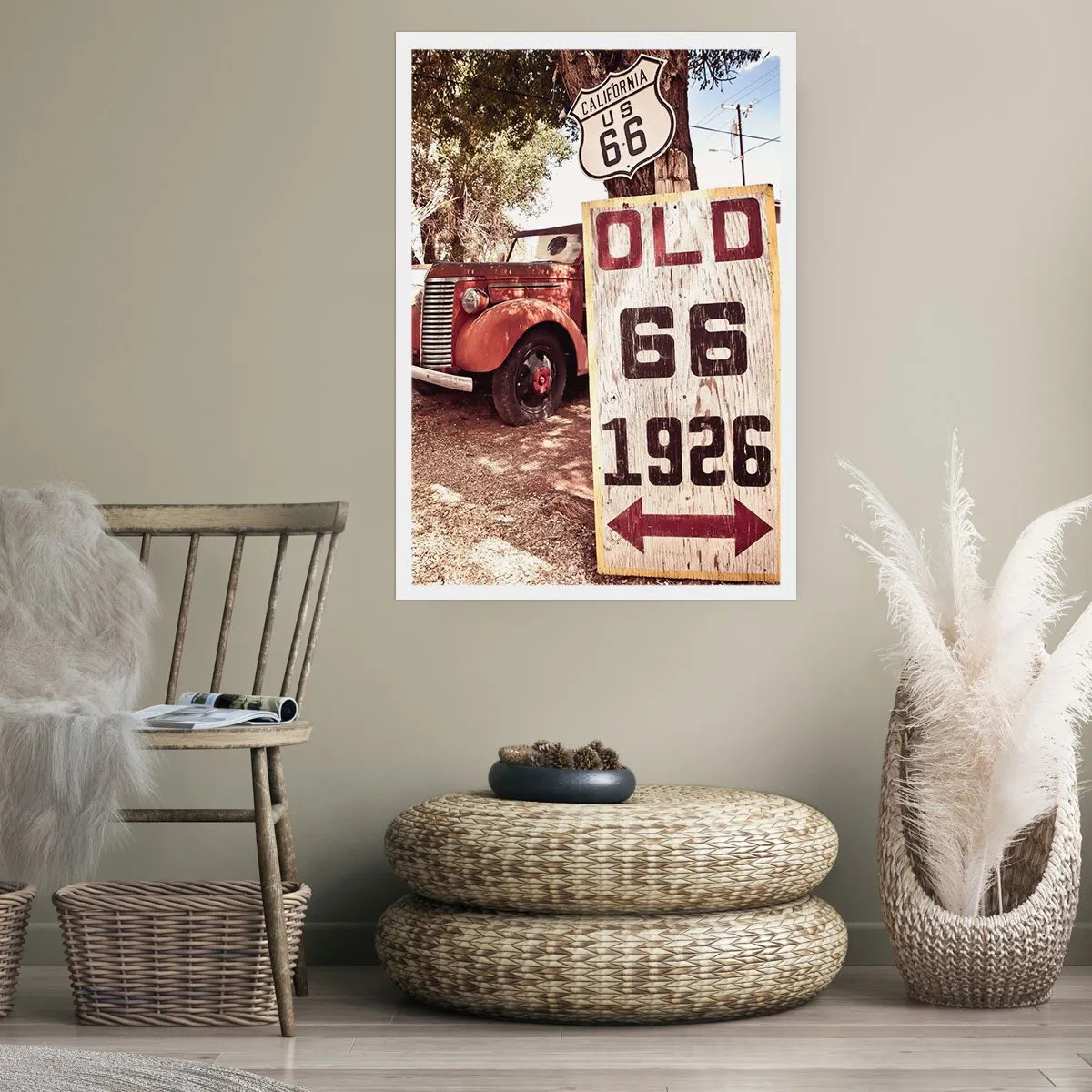 Poster - Vettura d'epoca al cartello della Route 66 - 50x70cm - La leggenda della provincia americana - Decorazione murale moderna per soggiorno e camera da letto ARTTOR