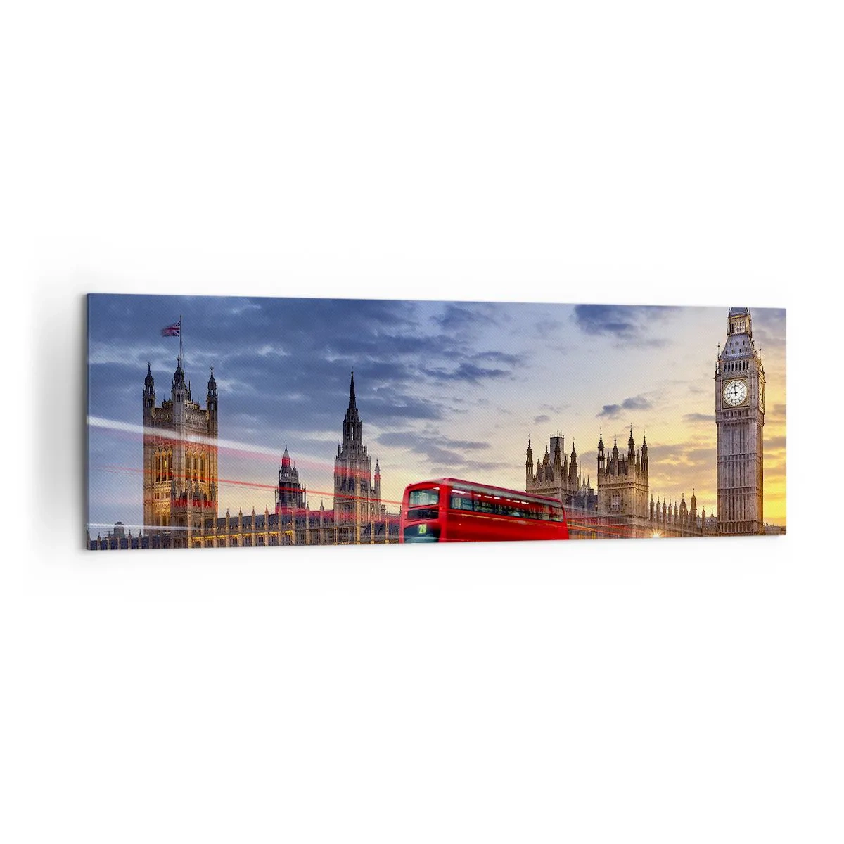 Quadro su tela - Stampe su Tela - Un autobus rosso con il Big Ben e il Parlamento sullo sfondo al tramonto. - 160x50cm - Segni particolari - Decorazione murale moderna per soggiorno e camera da letto ARTTOR