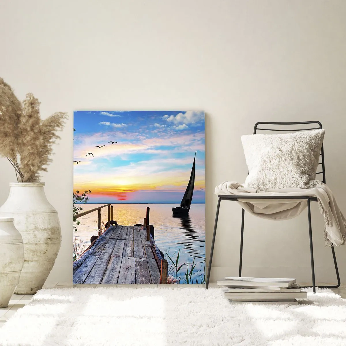 Quadro su vetro - Molo del lago con barca e tramonto - 80x120cm - Buona sera - Decorazione murale moderna per soggiorno e camera da letto ARTTOR