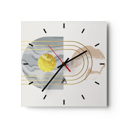 Orologio da parete - Orologio in Vetro - Composizione astratta con cerchi e linee dorate su uno sfondo chiaro. - 30x30cm - Chiarezza e lucentezza - Decorazione murale moderna per soggiorno e camera da letto ARTTOR