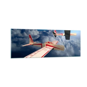 Quadro su vetro - Due aeroplani di legno che sorvolano le nuvole contro un cielo azzurro. - 140x50cm - Più in alto, più lontano - Decorazione murale moderna per soggiorno e camera da letto ARTTOR