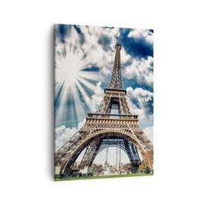 Quadro su tela - Stampe su Tela - La Torre Eiffel contro un cielo soleggiato con nuvole - 50x70cm - Unica al mondo - Decorazione murale moderna per soggiorno e camera da letto ARTTOR