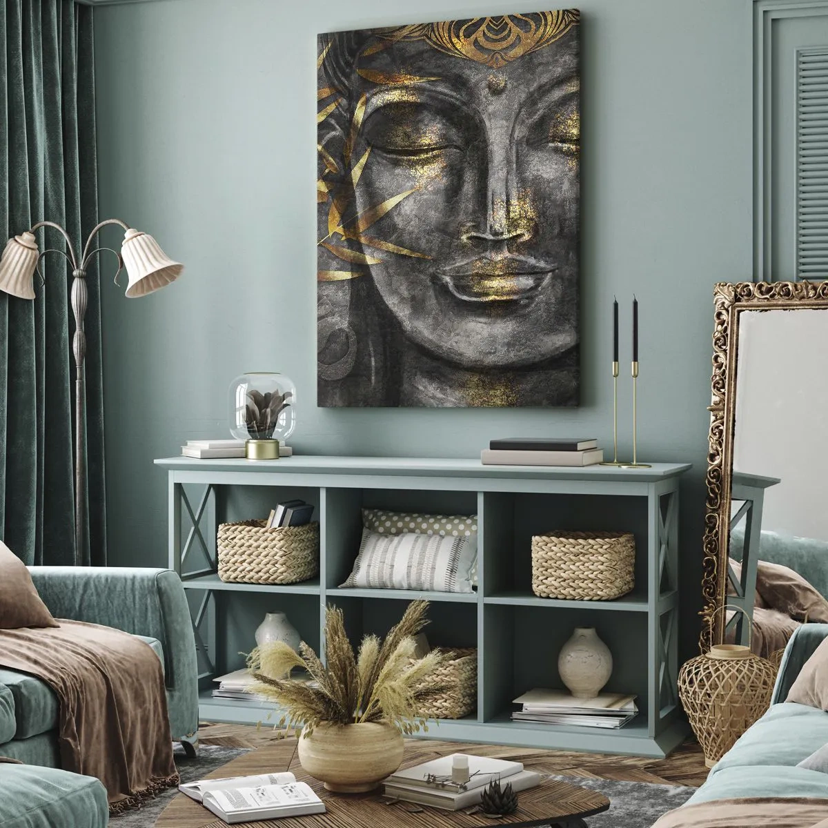 Quadro su tela - Stampe su Tela - Immagine del Buddha Zen con bambù dorati - 50x70cm - Senti la pace - Decorazione murale moderna per soggiorno e camera da letto ARTTOR