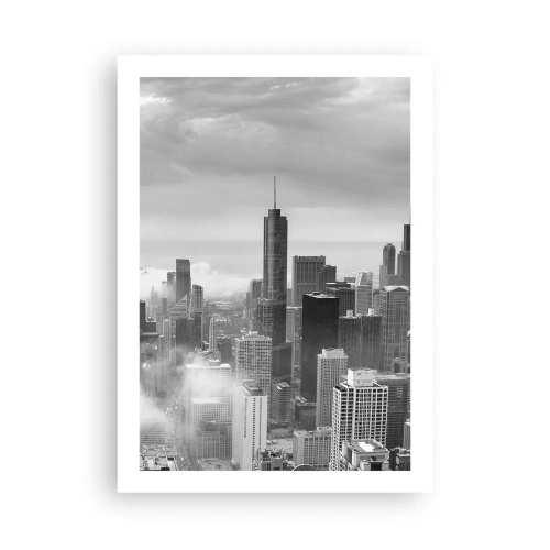 Poster - Vista in bianco e nero dello skyline della città con grattacieli tra le nuvole - 50x70cm - Paesaggio americano - Decorazione murale moderna per soggiorno e camera da letto ARTTOR