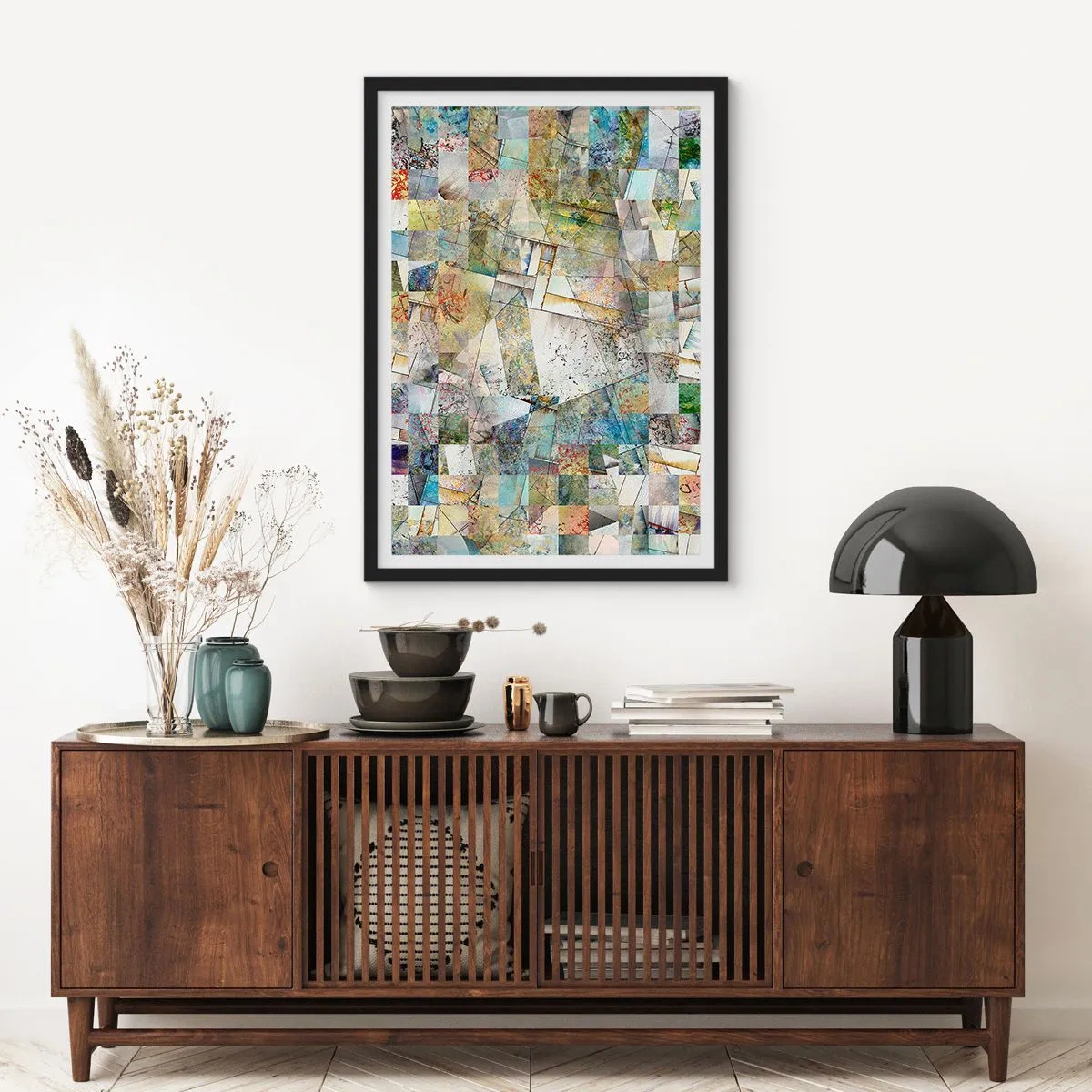 Poster in cornice nera - Un mosaico astratto di forme geometriche nei toni della terra. - 50x70cm - Rimpasto geometrico - Decorazione murale moderna per soggiorno e camera da letto ARTTOR