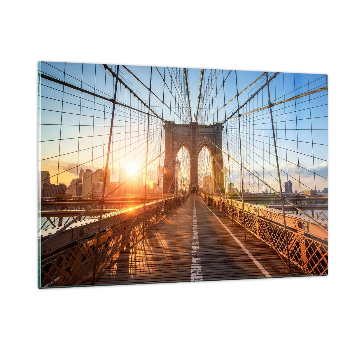Quadro su vetro - Tramonto sul ponte di Brooklyn a New York - 120x80cm - Sul ponte d'oro - Decorazione murale moderna per soggiorno e camera da letto ARTTOR