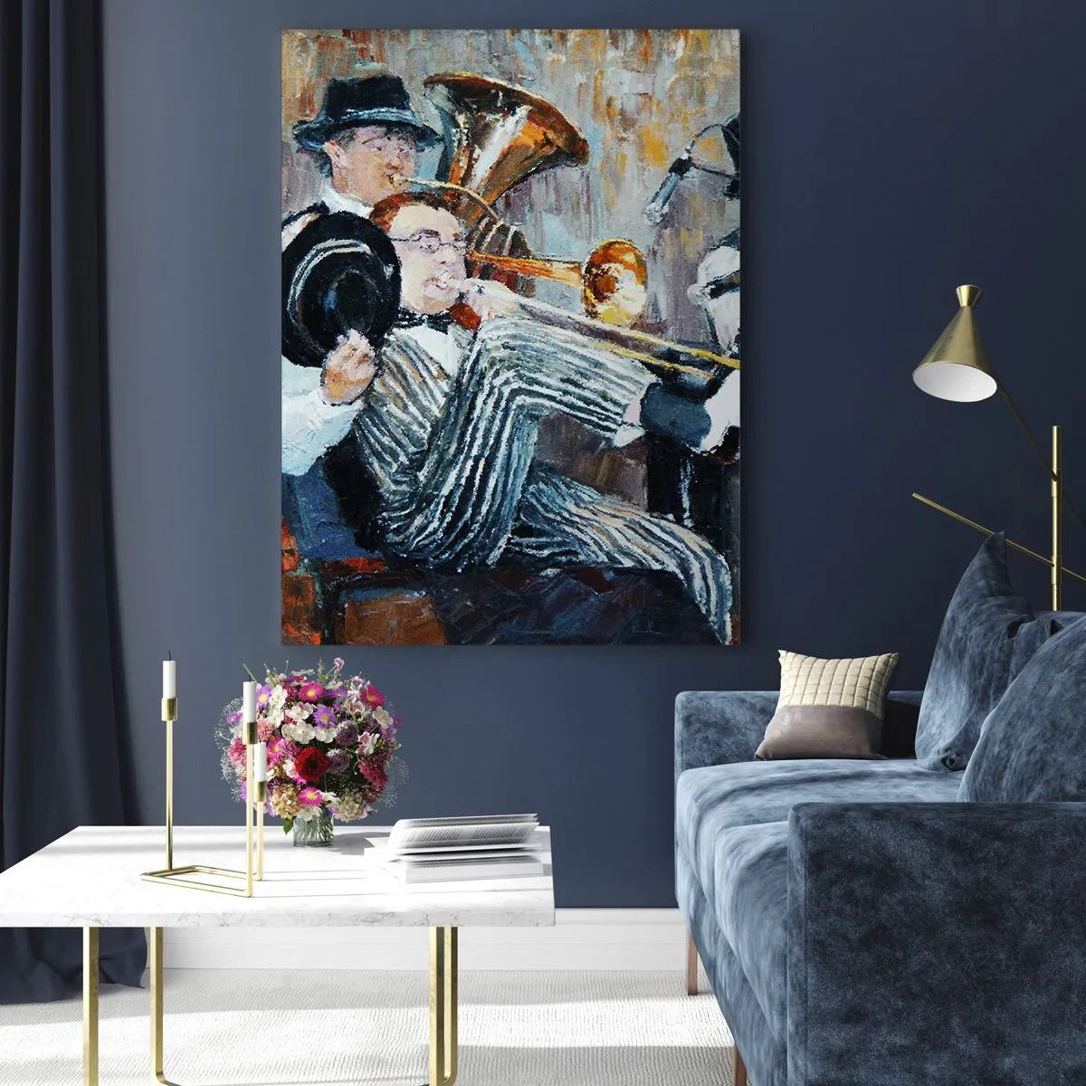 Quadro su vetro - Una jazz band in una scena impressionista e suggestiva - 50x70cm - Tutto il jazz - Decorazione murale moderna per soggiorno e camera da letto ARTTOR