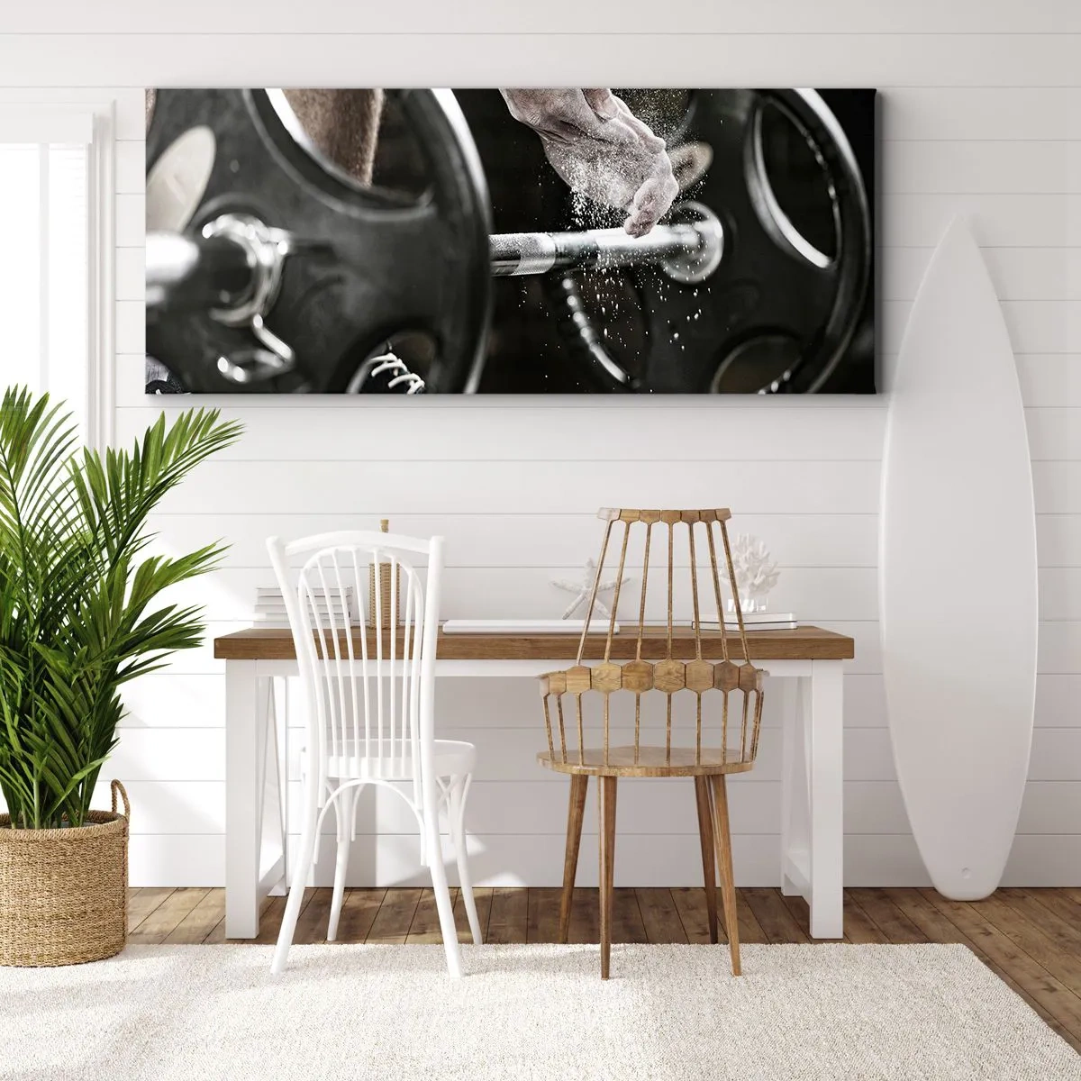 Quadro su tela - Stampe su Tela - Manubri e mani di un atleta che si preparano per l'allenamento - 120x50cm - Sfida accettata! - Decorazione murale moderna per soggiorno e camera da letto ARTTOR