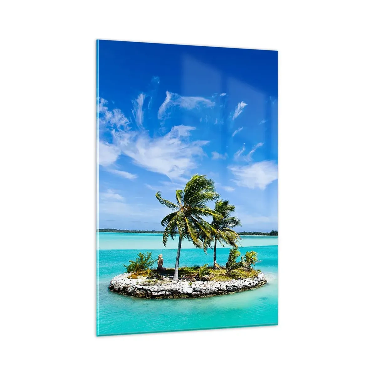 Quadro su vetro - Un'isola esotica con palme su acque turchesi - 80x120cm - Paradiso in terra - Decorazione murale moderna per soggiorno e camera da letto ARTTOR