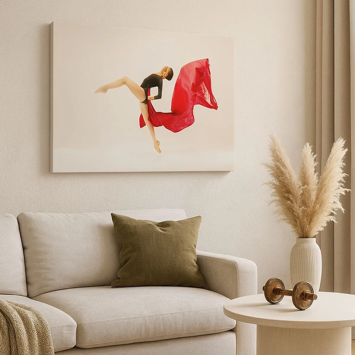 Quadro su tela - Stampe su Tela - Una ballerina dinamica in movimento con un abito nero e tessuto rosso. - 70x50cm - Rosso e nero - Decorazione murale moderna per soggiorno e camera da letto ARTTOR